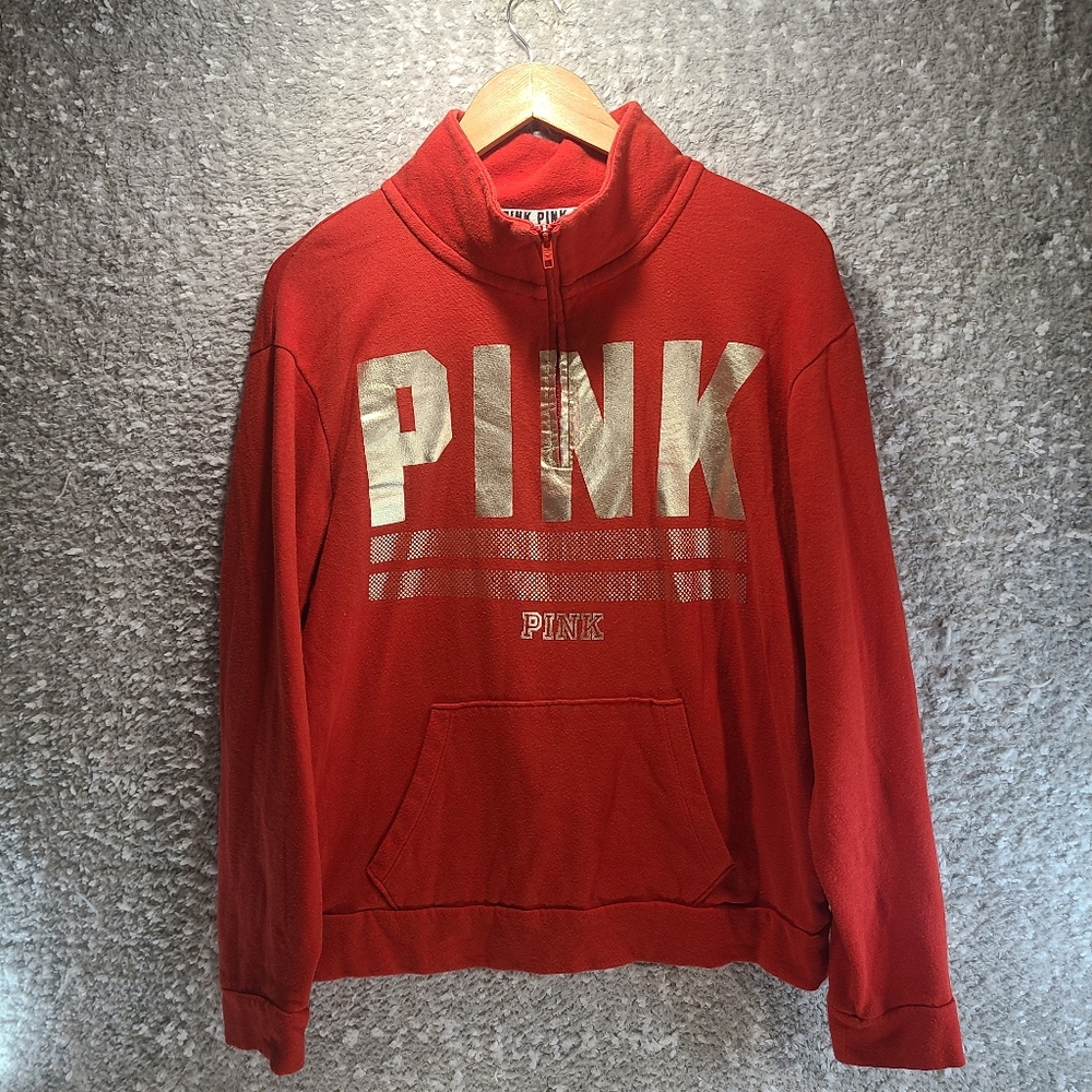 VICTORIA SECRET LOVE PINK 1/4 Zip Pullover Women Medium Red LOGO Cotton Blend